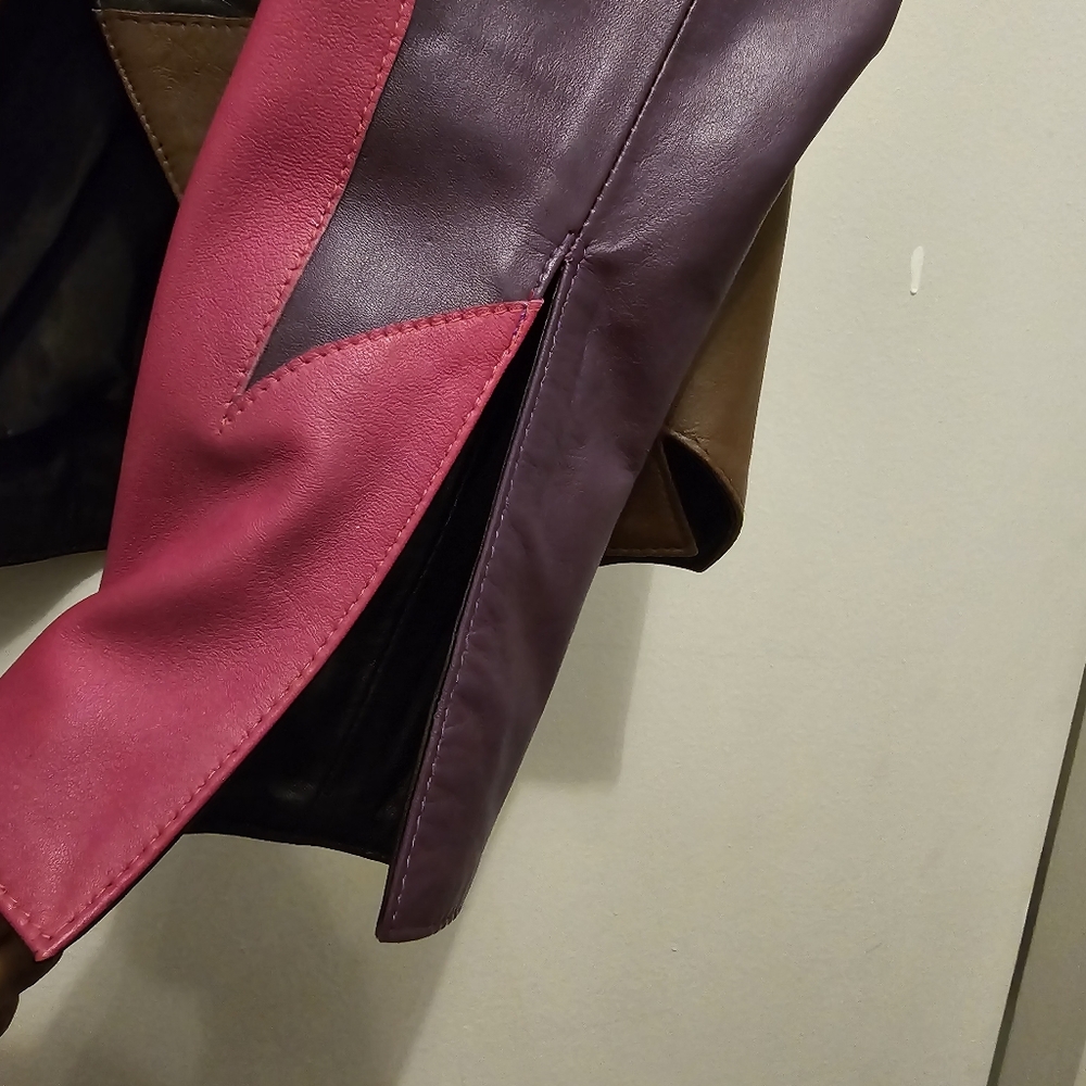 Colorblock Leather Jacket - Pink, Purple & Brown - Picture 3 of 4